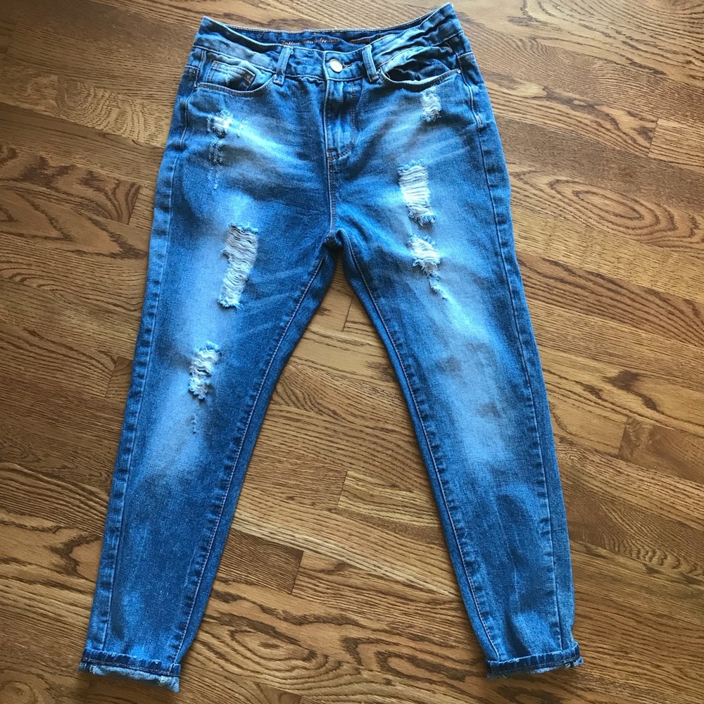 Renuar destroyed high rise skinny jeans sz 34 28”